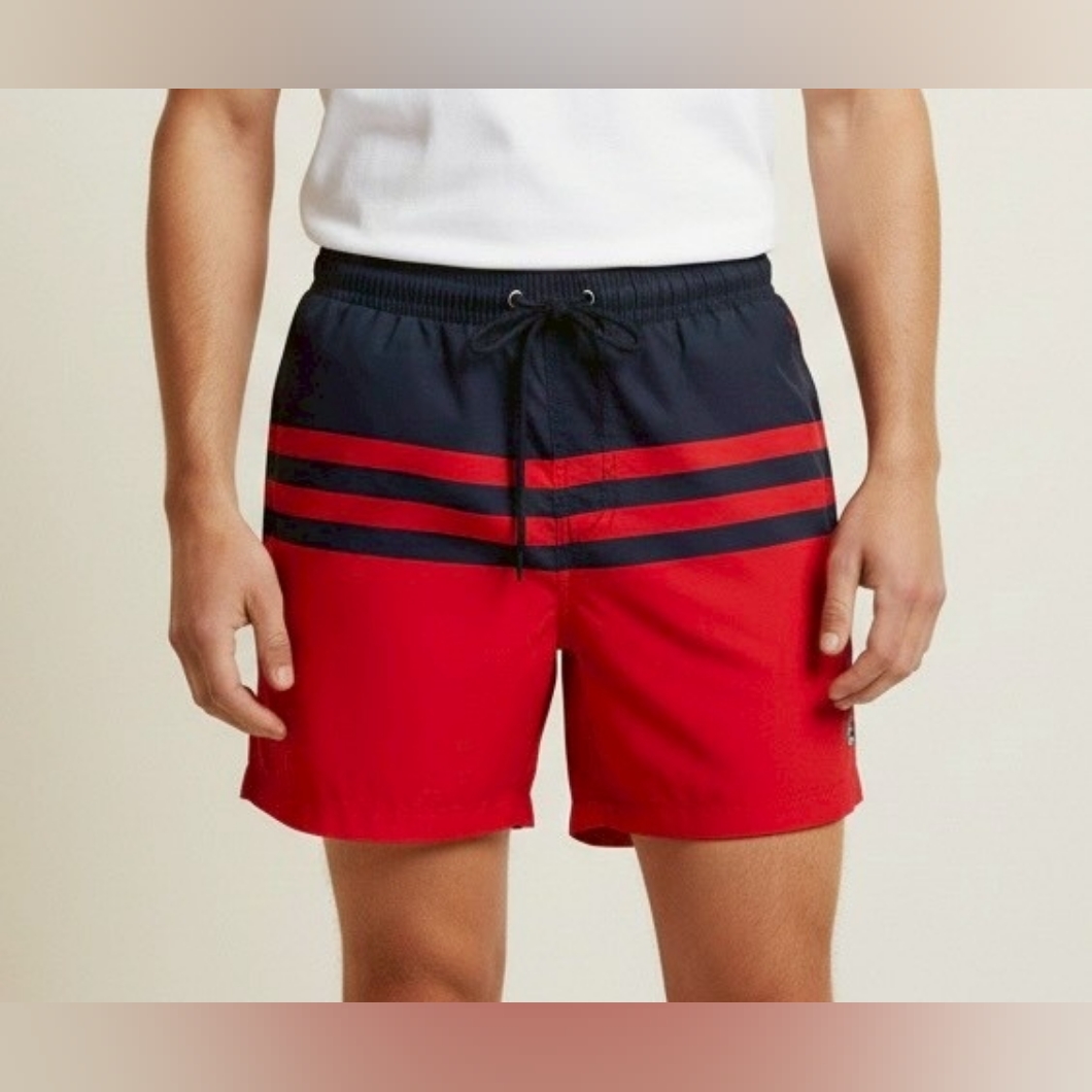Club Room Mens Quick-Dry Colorblock Stripe 7" Swim Trunks Red Navy